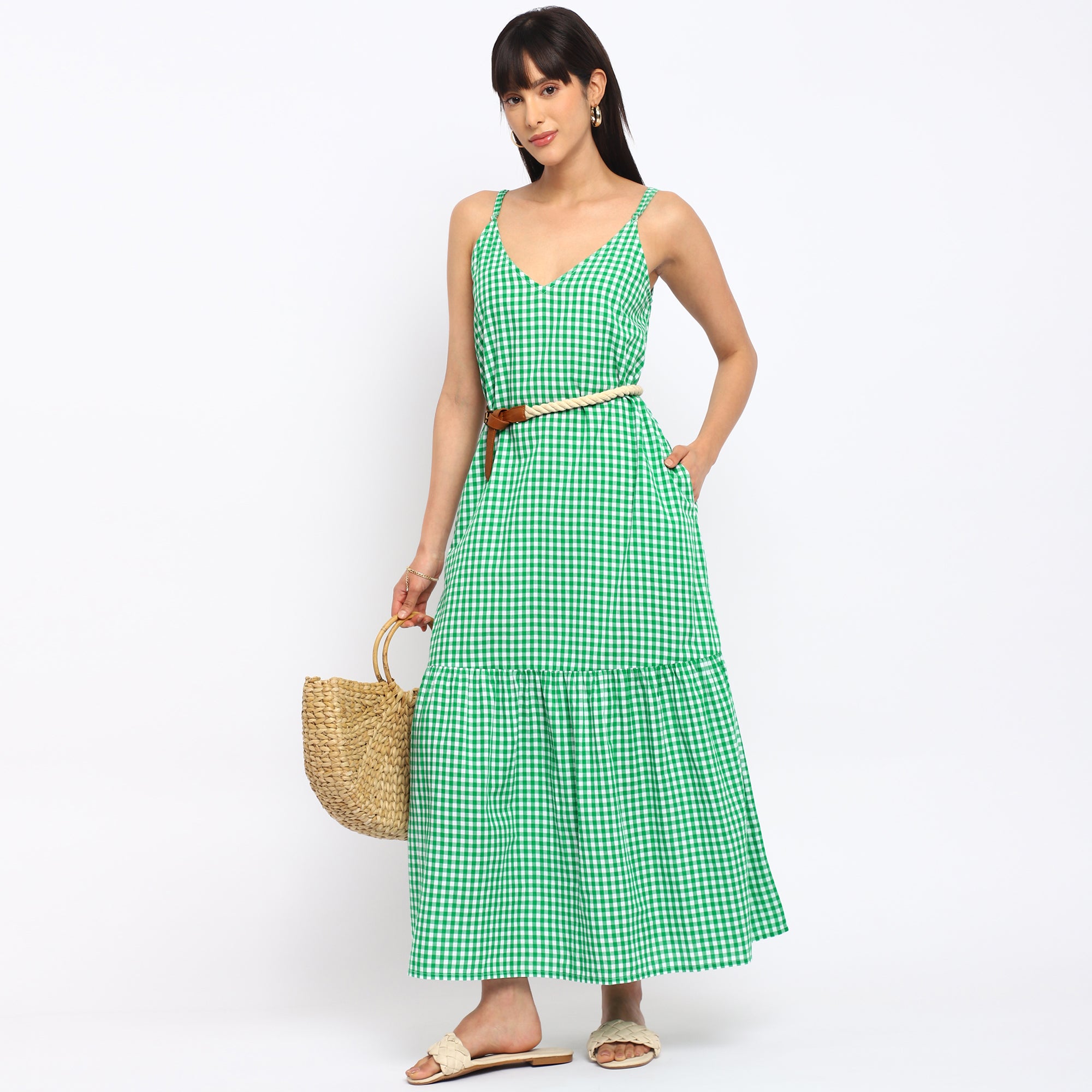 Green Gingham Tiered Maxi Dress
